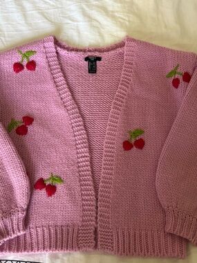 Pink Cherry Embroidered Open-Front Women's Sweater Cardigan